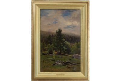 JAMES MCDOUGAL HART (AMERICAN 1828 – 1901) LANDSCAPE WITH ROCKS AND TREES Oil on canvas, 20.75 x 13.25 inches / Signed lower left