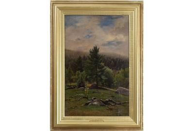 James McDougal Hart (American 1828 – 1901): Landscape with Rocks and Trees - Oil on canvas, 20.75 x 13.25 inches / Signed lower left 