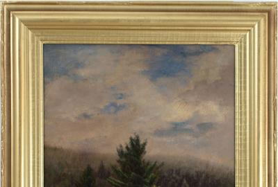 James McDougal Hart (American 1828 – 1901): Landscape with Rocks and Trees - Oil on canvas, 20.75 x 13.25 inches / Signed lower left 