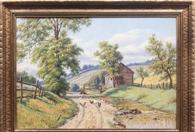 LOUIS J.  HEITMULLER (AMERICAN 1863 – 1933) ( aka L.  Heitmuller, Louis (Ludwig) Heitmuller ) COUNTRY ROAD Oil on board, 13.75 x 19.5 inches / Signed lower left