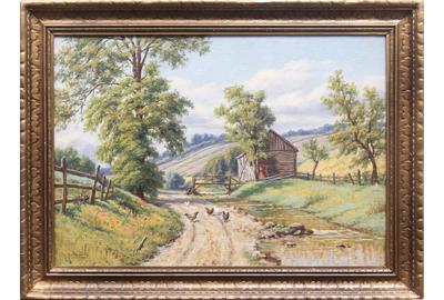 LOUIS J.  HEITMULLER (AMERICAN 1863 – 1933) ( aka L.  Heitmuller, Louis (Ludwig) Heitmuller ) COUNTRY ROAD Oil on board, 13.75 x 19.5 inches / Signed lower left