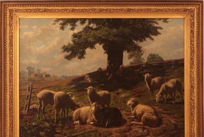 James N.  (J.N.) Hess (American 1858 – 1890): Resting Sheep and Shepherd - Oil on canvas, 26.25 x 35.5 inches/Signed lower right