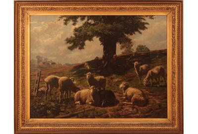 James N.  (J.N.) Hess (American 1858 – 1890): Resting Sheep and Shepherd - Oil on canvas, 26.25 x 35.5 inches/Signed lower right