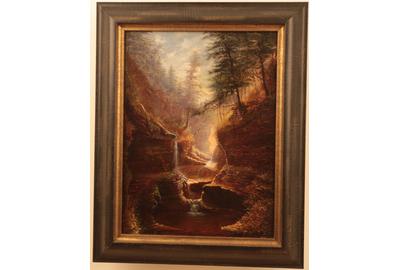 James Hope (American ca.  1818 – 1892): Watkins Glen Rainbow Falls - Oil on canvas, 15.5 x 11.5 inches/Signed lower left