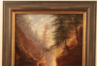 James Hope (American ca.  1818 – 1892): Watkins Glen Rainbow Falls - Oil on canvas, 15.5 x 11.5 inches/Signed lower left