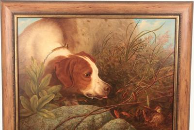 Howard Hill (British 1822 – 1888): Quail Decoying a Hunting Dog - Oil on canvas, 18 x 24 inches/Signed lower left 