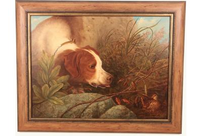 Howard Hill (British 1822 – 1888): Quail Decoying a Hunting Dog - Oil on canvas, 18 x 24 inches/Signed lower left 