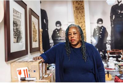 Mildred Howard in her studio in South Berkeley, California, ca.  2017.  Photo by Michael M.  Santiago.  Courtesy of Michael M.  Santiago / San Francisco Chronicle / Polaris.