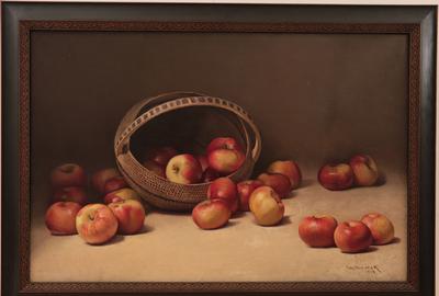 William Hubacek (American 1866 - 1958): Apples Tumbling from Overturned Basket - Oil on canvas, 19.5 x 29.75 inches/Signed lower right