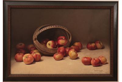 William Hubacek (American 1866 - 1958): Apples Tumbling from Overturned Basket - Oil on canvas, 19.5 x 29.75 inches/Signed lower right