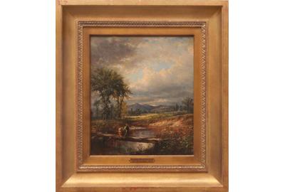 Daniel Huntington (American, 1816 – 1906) ( aka Daniel P.  Huntington, D.  Huntington ): Crossing the Creek - Oil on canvas, 13.5 x 11.5 inches / Signed lower left