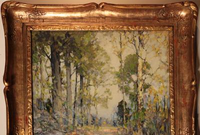 Alfred Hutty (American 1877 - 1954): Through the Wood, Woodstock, New York - Oil on canvas, 15.5 x 19.5 inches/Signed lower left