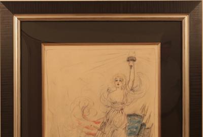 LOUIS ICART (1888 - 1950) MISS LIBERTY Charcoal, pastel, watercolor, 11.25" x 16.5"/Signed lower right