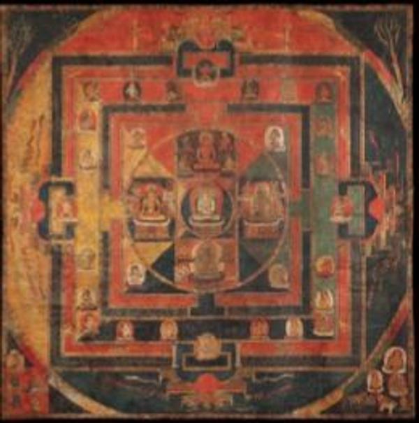 Vajradhâtu màndala, Tibet, 11th century.  Distemper on cotton.  125 x 125 cm.  Rossi & Rossi Stand no.  166 at TEFAF Maastricht 2014.