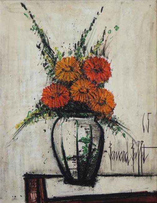 Lot 60: BUFFET, Bernard.  Oil on Canvas "Soucis Oranges" Floral Still Life.  