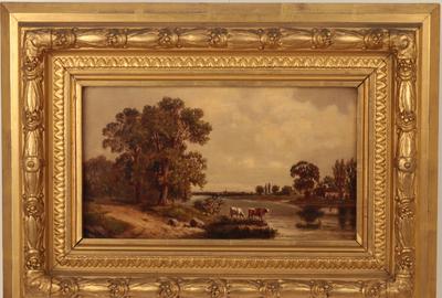 William Hart (American 1823 – 1894) ( aka William M.  Hart, W.M.  Hart ): Landscape with Cattle - Oil on canvas, 7.75 x 13.75 inches/Signed lower left 