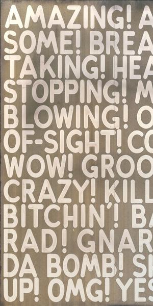 From Fraenkel Gallery, Booth #105, MEL BOCHNER, Amazing, 2018, etched and silvered glass, 24 x 32 inches.