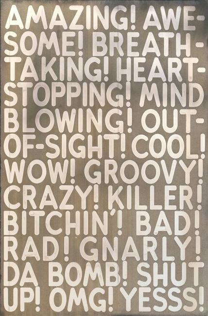 From Fraenkel Gallery, Booth #105, MEL BOCHNER, Amazing, 2018, etched and silvered glass, 24 x 32 inches.