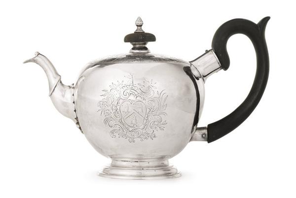 An Unusual American Silver Teapot Engraved with Hunters in a Landscape, Jacob Hurd, Boston, circa 1750 that more than doubled its pre-sale high estimate to sell for $278,500.