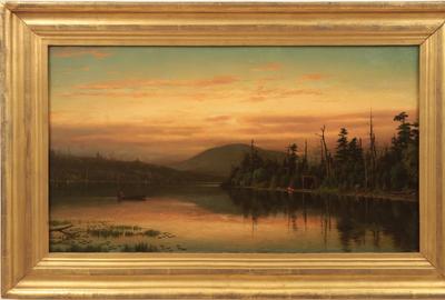 JOHN ADAMS PARKER (AMERICAN 1829-1905) TWILIGHT IN THE ADIRONDACKS Oil on canvas, 16.5 x 29.5 inches/Signed lower right