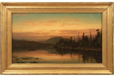 JOHN ADAMS PARKER (AMERICAN 1829-1905) TWILIGHT IN THE ADIRONDACKS Oil on canvas, 16.5 x 29.5 inches/Signed lower right