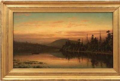 John Adams Parker (American 1829-1905): Twilight in the Adirondacks - Oil on canvas, 16.5 x 29.5 inches/Signed lower right