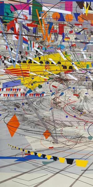 Julie Mehretu, Stadia II, 2004, ink and acrylic on canvas, 108 × 144 in., Carnegie Museum of Art, Pittsburgh, gift of Jeanne Greenberg Rohatyn and Nicolas Rohatyn and A.  W.  Mellon Acquisition Endowment Fund 2004.50, © Julie Mehretu, photograph courtesy of the Carnegie Museum of Art