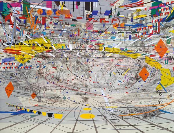 Julie Mehretu, Stadia II, 2004, ink and acrylic on canvas, 108 × 144 in., Carnegie Museum of Art, Pittsburgh, gift of Jeanne Greenberg Rohatyn and Nicolas Rohatyn and A.  W.  Mellon Acquisition Endowment Fund 2004.50, © Julie Mehretu, photograph courtesy of the Carnegie Museum of Art