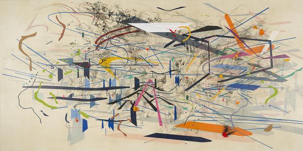 Julie Mehretu, Retopistics: A Renegade Evacuation, 2001.  Ink and acrylic on canvas, 102 × 216 in.  (259 × 548.6 cm).  Crystal Bridges Museum of American Art, Bentonville, AR; 2013.28.  Photograph by Edward C Robinson III