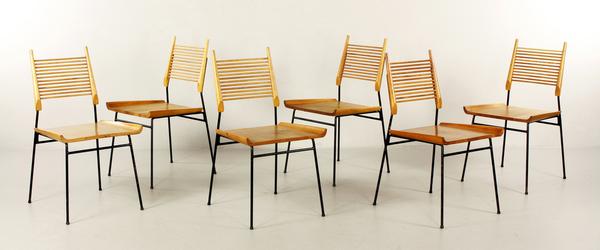 Lot#2112-Set of six Paul McCobb dining chairs for Planner, Winchendon, maple and iron, circa 1950, marked with labels on five of six.