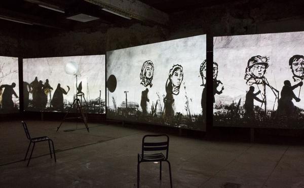 William Kentridge, More Sweetly Play the Dance, 2015 Installation view at LUMA Arles, Parc des Ateliers, France.  © William Kentridge.  Courtesy of the artist and LUMA Foundation.