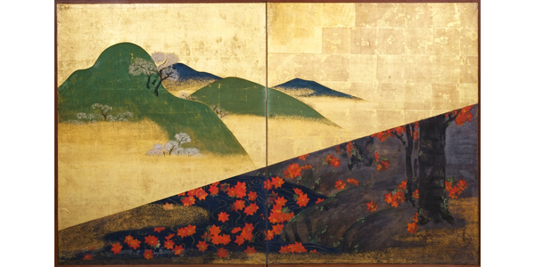 From Joan B.  Mirviss LTD., AKANO KIMEI (1834-92) Hillside with blossoming plum trees and red maple tree by a stream, ca.  1870-80.  Two-fold screen; Ink, color, gold leaf on paper.