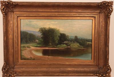 George W.  King (American 1836 - 1930): Lakehouse Charm - Oil on canvas, 10 x 17.5 inches/Signed lower left