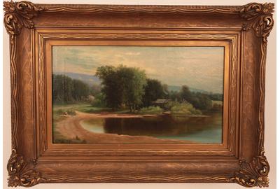 George W.  King (American 1836 - 1930): Lakehouse Charm - Oil on canvas, 10 x 17.5 inches/Signed lower left