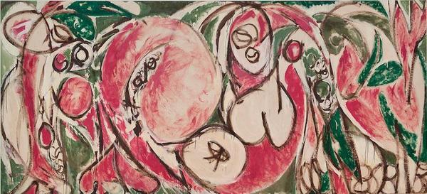 Lee Krasner (1908-1984), The Seasons, 1957, oil and house paint on canvas, 92 3/4 × 203 7/8 in., Whitney Museum of American Art, New York; Purchase, with funds from Frances and Sydney Lewis by exchange, the Mrs.  Percy Uris Purchase Fund and the Painting and Sculpture Committee 87.7, © 2015 The Pollock-Krasner Foundation/Artists Rights Society(ARS), New York.  