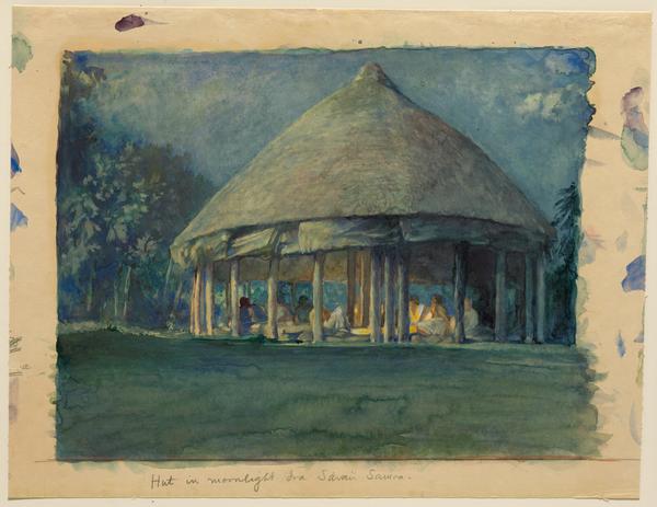 JOHN LA FARGE AMERICAN, 1835–1910.  HUT IN MOONLIGHT, IVA, SAVAII, OCT., 1890.  Watercolor, gouache and gum arabic on wove paper, Overall: 12 13/16 x 16 9/16 in.  (32.5 x 42.1 cm).  Gift of L.  Bancel La Farge, 1966 1966.5 