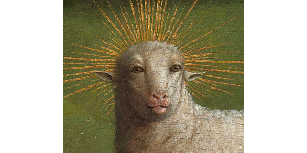 Detail, The Lamb of God on the central panel of The Ghent Altarpiece.  A restoration and the website Closer to Van Eyck revealed "shocking" details like the lamb's "humanoid" eyes.