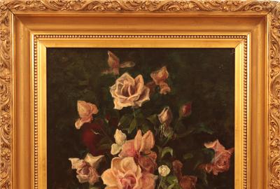 George Cochran Lambdin (American 1830 – 1896): Flowers in a Vase - Oil on canvas, 19.5 x 13.5 inches/Signed lower right