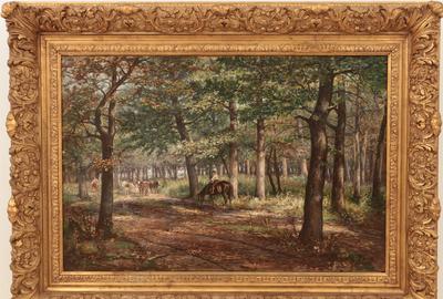 August Laux (American, 1847 – 1921): Pause on the Path - Oil on canvas, 19.5 x 29.5 inches/Signed lower right