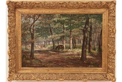 August Laux (American, 1847 – 1921): Pause on the Path - Oil on canvas, 19.5 x 29.5 inches/Signed lower right