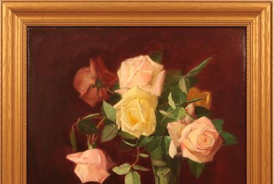 Jonas Joseph LaValley (American, 1858 - 1930) ( aka J.J.  LaValley ) Roses in a Glass Vase, 1872 - Oil on canvas, 21.5 x 16.5 inches / Signed lower left