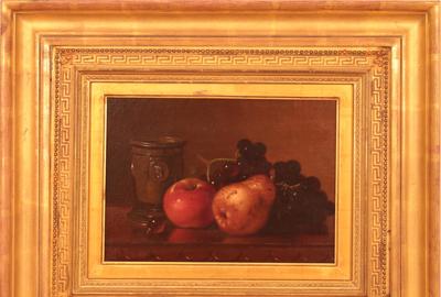 Edward Chalmers Leavitt (American 1842 - 1904): Pear, Apple, Grapes and Clay Cup - Oil on canvas 9.5 x 13.5 inches/Signed lower left