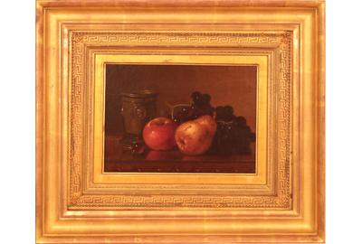 Edward Chalmers Leavitt (American 1842 - 1904): Pear, Apple, Grapes and Clay Cup - Oil on canvas 9.5 x 13.5 inches/Signed lower left