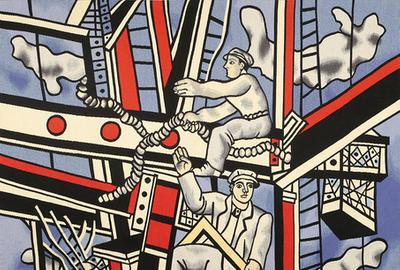 This incredible Aubusson tapestry is modeled on the work Les constructeurs sur fond bleu by Fernand Léger