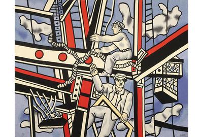 This incredible Aubusson tapestry is modeled on the work Les constructeurs sur fond bleu by Fernand Léger