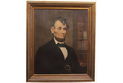 Durett Stokes (American, early 20th century) ( aka "D.  W.  Stokes, Durett Woodward Stokes ): Lincoln - Oil on canvas, 30 x 20 inches / Signed lower left 