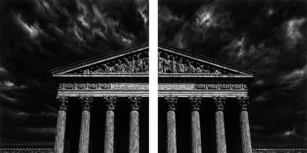 Robert Longo, Untitled (The Supreme Court Of the United States (Split)), 2018.  Charcoal on mounted paper, 120 x 140 inches.  Courtesy of the artist; Metro Pictures, New York; Jeffrey Deitch, Los Angeles; and Pace Gallery.