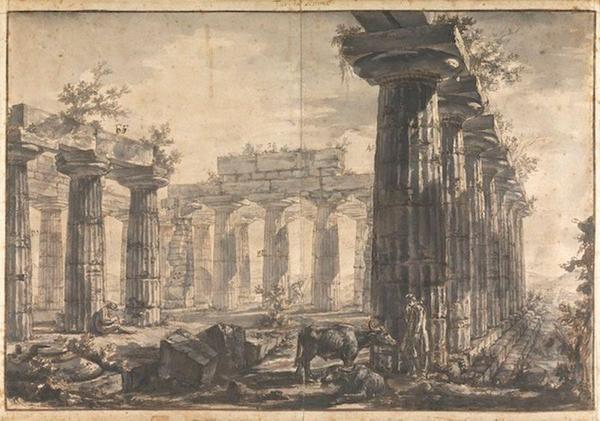  A Drawing from the Temples at Paestum series by Giovanni Battista Piranesi 21 3/4 x 29 1/2 in.  (47.5 x 69 cm) 'Plate VII: Exterior of the Temple of Neptune from the North-East' (21.1/2” x 29.1/2” framed) Photographed by the National Gallery, London and produced by German firm Hahnemüle.  