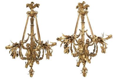 The top lot of this auction was a pair of gilt bronze 15-light chandeliers, with three figural maidens, that sold above high estimate at $51,425.