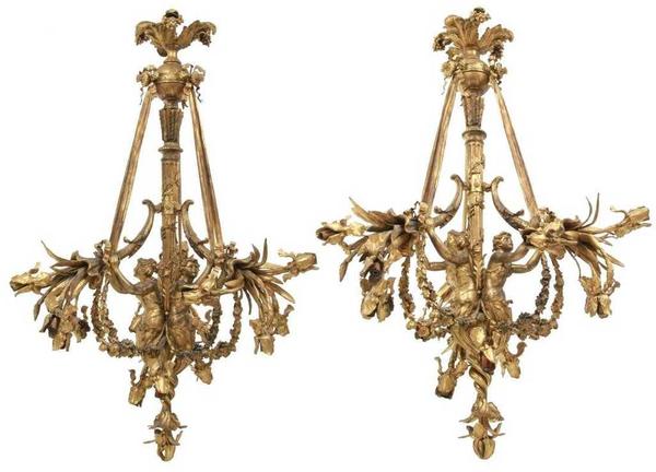 The top lot of this auction was a pair of gilt bronze 15-light chandeliers, with three figural maidens, that sold above high estimate at $51,425.